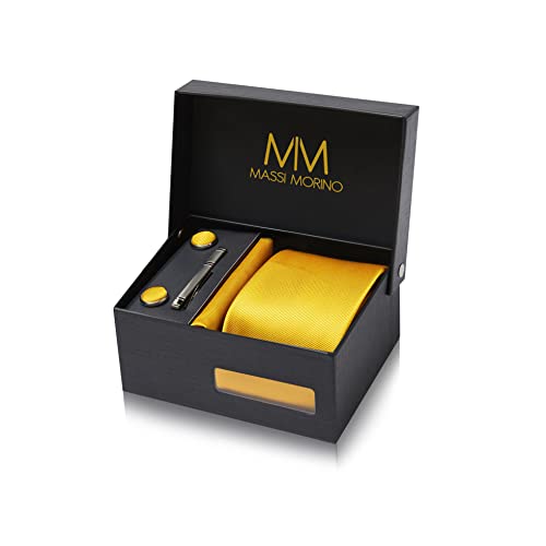 Massi Morino Krawatte Gelb mit Einstecktuch Set Herren inkl. Manschettenknöpfe, Krawattennadel und Geschenkbox - Männer Krawattenset von Massi Morino