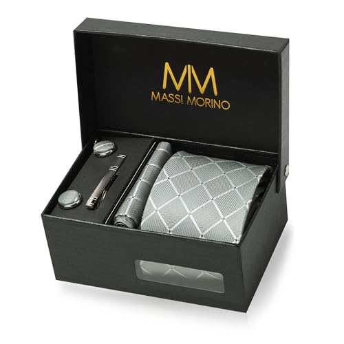 Massi Morino Krawatte Grau Quadrat mit Einstecktuch Set Herren inkl. Manschettenknöpfe, Krawattennadel und Geschenkbox - Männer Krawattenset von Massi Morino