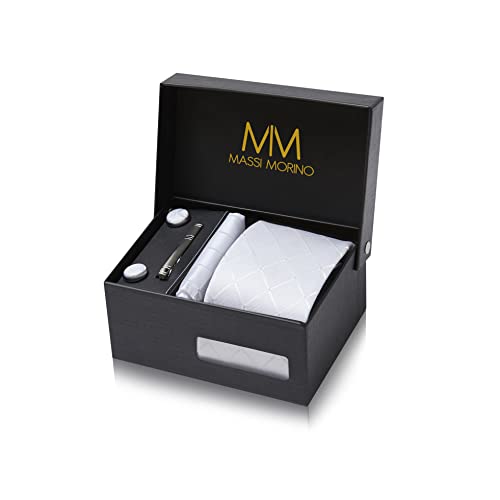 Massi Morino Krawatte Weiss Quadrat mit Einstecktuch Set Herren inkl. Manschettenknöpfe, Krawattennadel und Geschenkbox - Männer Krawattenset von Massi Morino