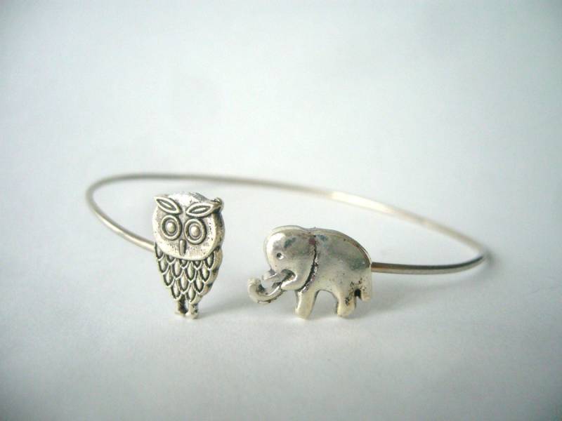 Silber Elefant Und Eule Armband, Tier Bettelarmband, Armreif von MastaArtShop