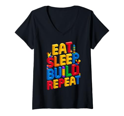 Damen EAT Sleep Build Repeat Bausteine, Bausteine T-Shirt mit V-Ausschnitt Damen EAT Sleep Build Repeat Bausteine, Bausteine T-Shirt mit V-Ausschnitt von Master Builder Family Birthday Kids Toddler Gifts