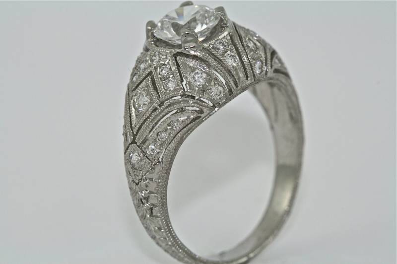 Platin Und Diamant Edwardian Stil Hand Graviert Verlobungsring, Ehering Mit .75Ct Moissanite Center von MasterPieceJewelers