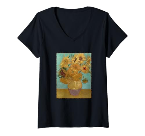 Damen Vase mit 12 Sonnenblumen duch Vincent Van Gogh, Blumen T-Shirt mit V-Ausschnitt Damen Vase mit 12 Sonnenblumen duch Vincent Van Gogh, Blumen T-Shirt mit V-Ausschnitt von MasterpieceCafe Museumssammlung