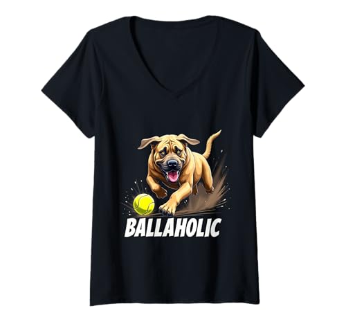Damen Lustiger Ballaholic Mastiff Dog Chasing Ball T-Shirt mit V-Ausschnitt Damen Lustiger Ballaholic Mastiff Dog Chasing Ball T-Shirt mit V-Ausschnitt von Mastiff Fun Designs