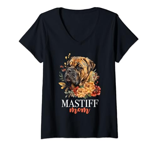 Damen Mastiff Hundeliebhaber Floral Vintage Blumen Mastiff Mama T-Shirt mit V-Ausschnitt von Mastiff Mom Co.