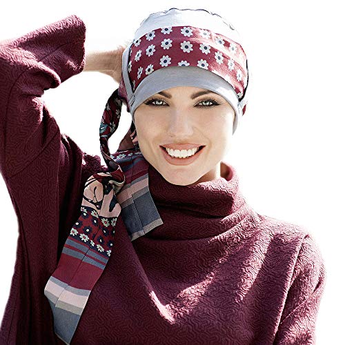 Yanna - Damen Mütze für Chemotherapie, Krebspatienten und Frauen mit Haarausfall - Turban-Stil - aus Bambus (Grau Maroon Blume) von MASUMI