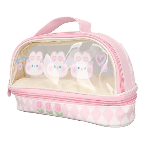 Stifthülle Kaninchenmuster Kaninchen Muster Federmäppchen Kawaii Transparent Wasserdicht Doppelschicht Kosmetiktasche Rosa mit Griff für von Masyrt