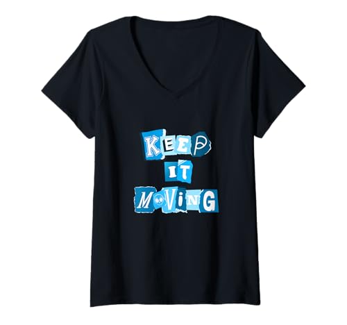 Damen Blaue Keep It Moving Blaue Grafik T-Shirt mit V-Ausschnitt von Match Blue Color Graphic Tee