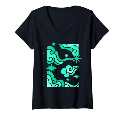 Damen Hellblaugrün Aqua Aqua Cloud Star Blaugrün Aquagrafik T-Shirt mit V-Ausschnitt Damen Hellblaugrün Aqua Aqua Cloud Star Blaugrün Aquagrafik T-Shirt mit V-Ausschnitt von Match Light Teal Aqua Color Graphic Tee