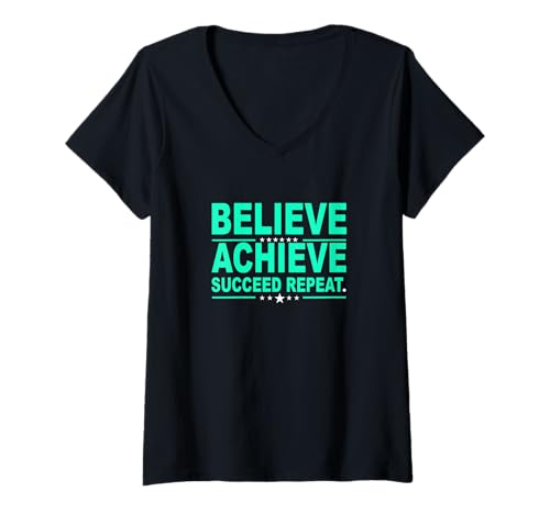 Damen Light Teal Aqua Believe Succeed Repeat Light Blaugrün T-Shirt mit V-Ausschnitt Damen Light Teal Aqua Believe Succeed Repeat Light Blaugrün T-Shirt mit V-Ausschnitt von Match Light Teal Aqua Color Graphic Tee
