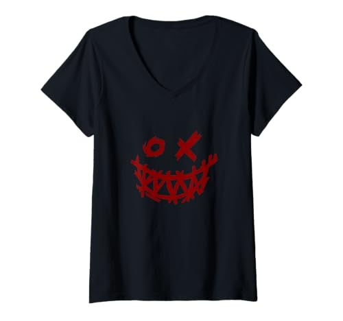 Damen Kastanienbraun Rot Burgund Grunge Gesicht Big Grin Kastanienbraun Burgund T-Shirt mit V-Ausschnitt von Match Maroon Red Burgundy Color Graphic Tee