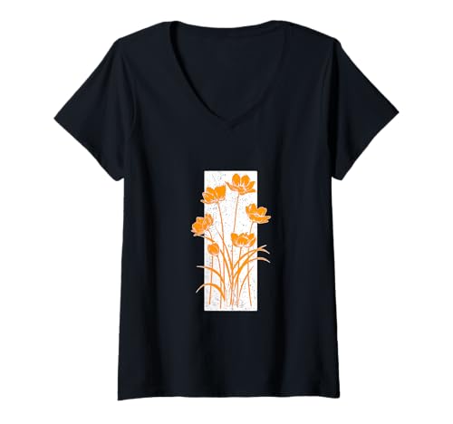 Damen Orangefarbener Blumenstreifen mit orangefarbener Grafik T-Shirt mit V-Ausschnitt von Match Orange Color Graphic Tee