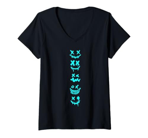 Damen Turquoise Stack Grunge Monster Smile Faces mit türkisfarbener Grafik T-Shirt mit V-Ausschnitt Damen Turquoise Stack Grunge Monster Smile Faces mit türkisfarbener Grafik T-Shirt mit V-Ausschnitt von Match Turquoise Color Graphic Tee