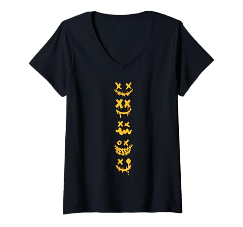 Damen University Varsity-Gold Grunge Monster Smile Faces Gelb T-Shirt mit V-Ausschnitt Damen University Varsity-Gold Grunge Monster Smile Faces Gelb T-Shirt mit V-Ausschnitt von Match University Varsity-Gold Color Graphic Tee