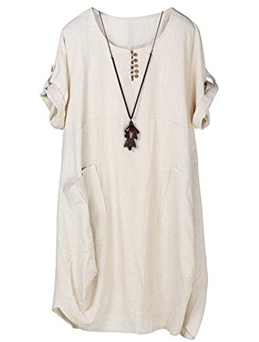 Lavnis Damen Leinen T-Shirt Tunika Kleid Rundhals Kurzarm Midi Kleid, XXL, Beige von Lavnis