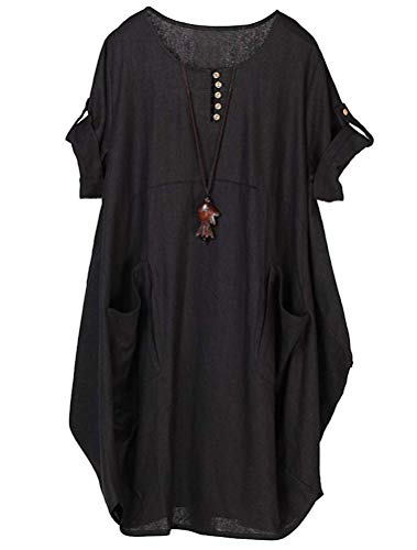 Lavnis Damen Leinen T-Shirt Tunika Kleid Rundhals Kurzarm Midi Kleid Schwarz L von Lavnis