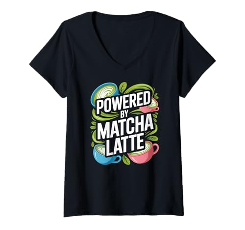 Damen Angetrieben von Matcha Latte Whimsical Cup Art T-Shirt mit V-Ausschnitt Damen Angetrieben von Matcha Latte Whimsical Cup Art T-Shirt mit V-Ausschnitt von Matcha Enthusiast Energy Boost Lover