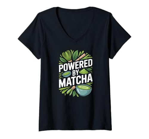 Damen Angetrieben von Matcha Enthusiast Energy T-Shirt mit V-Ausschnitt Damen Angetrieben von Matcha Enthusiast Energy T-Shirt mit V-Ausschnitt von Matcha Enthusiast Energy Green Tea Boost