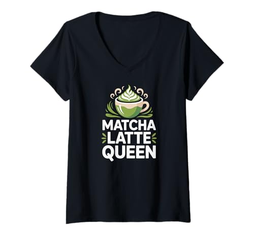 Damen Matcha Latte Queen Coffee Lover Tasse Design T-Shirt mit V-Ausschnitt Damen Matcha Latte Queen Coffee Lover Tasse Design T-Shirt mit V-Ausschnitt von Matcha Enthusiast Latte Coffee Caffeine Lovers