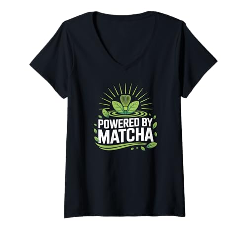 Damen Angetrieben von Matcha Vibrant Energy Tea Leaves T-Shirt mit V-Ausschnitt von Matcha Enthusiasts Energy Lovers Vibrant Tea