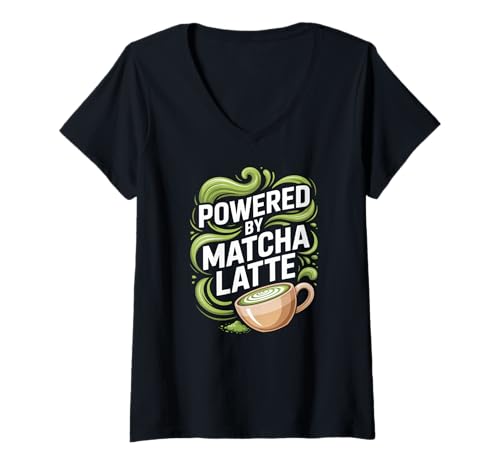 Damen Angetrieben durch Matcha Latte Energy Boost T-Shirt mit V-Ausschnitt Damen Angetrieben durch Matcha Latte Energy Boost T-Shirt mit V-Ausschnitt von Matcha Enthusiasts Green Tea Lovers
