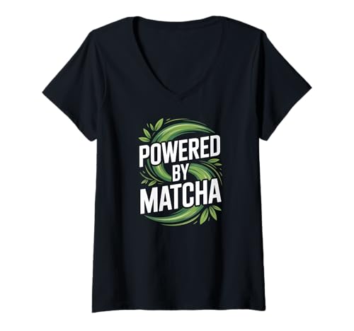 Damen Angetrieben durch Matcha Leaf Swirl Energy T-Shirt mit V-Ausschnitt Damen Angetrieben durch Matcha Leaf Swirl Energy T-Shirt mit V-Ausschnitt von Matcha Enthusiasts Green Tea Lovers