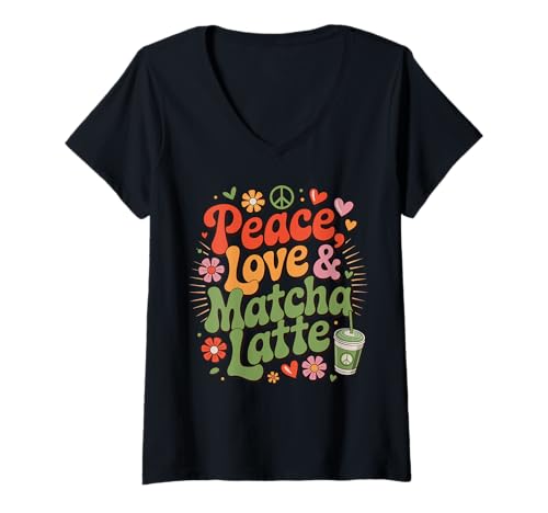 Damen Peace, Love & Matcha Latte - Retro Boho T-Shirt mit V-Ausschnitt Damen Peace, Love & Matcha Latte - Retro Boho T-Shirt mit V-Ausschnitt von Matcha Grüner Tee Liebhaber