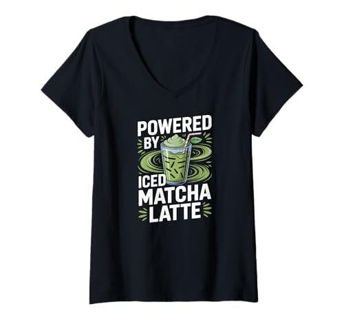 Damen Angetrieben von Iced Matcha Latte T-Shirt mit V-Ausschnitt Damen Angetrieben von Iced Matcha Latte T-Shirt mit V-Ausschnitt von Matcha Iced Latte Green Tea Lovers Energy