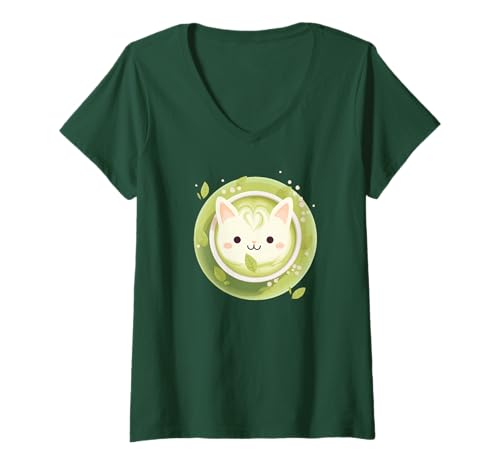 Damen Matcha süße Katze, japanischer Grüntee, Farbgrafik T-Shirt mit V-Ausschnitt Damen Matcha süße Katze, japanischer Grüntee, Farbgrafik T-Shirt mit V-Ausschnitt von Matcha Japanese Green Tea Graphic Designers