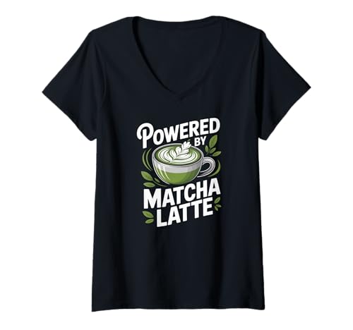 Damen Angetrieben von Matcha Latte Tea Drink T-Shirt mit V-Ausschnitt Damen Angetrieben von Matcha Latte Tea Drink T-Shirt mit V-Ausschnitt von Matcha Lovers Caffeine Boost Energy