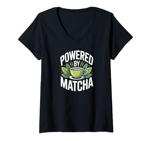 Damen Angetrieben von Matcha Leafy Cup Tea Boost T-Shirt mit V-Ausschnitt von Matcha Lovers Energized Green Tea Enthusiasts