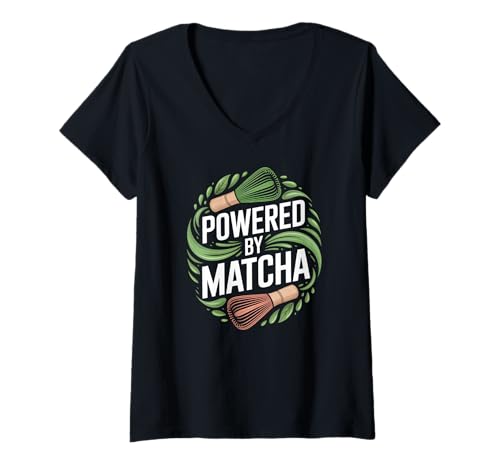 Damen Angetrieben von Matcha Energy Boost Grüntee-Liebhabern T-Shirt mit V-Ausschnitt von Matcha Tea Enthusiasts Vibrant Energy Lovers