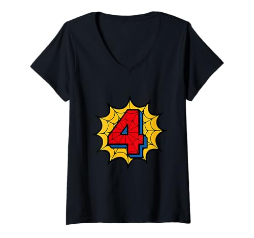 Damen Kinder 4. Geburtstag Spinne Mottoparty 4 Jahre alt Jungen Jugend T-Shirt mit V-Ausschnitt von Matching Family Birthday Spider Web Party Gifts