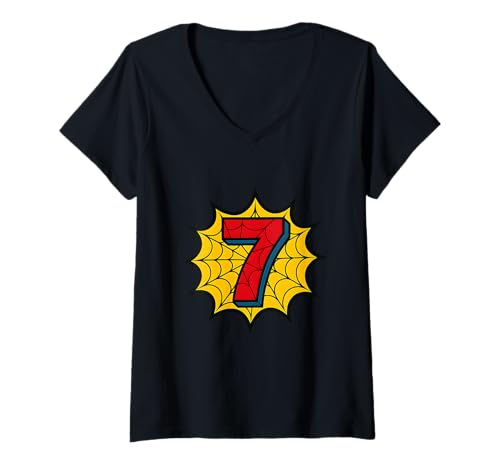 Damen Kinder 7. Geburtstag Spinne Mottoparty 7 Jahre alte Jungen Jugend T-Shirt mit V-Ausschnitt von Matching Family Birthday Spider Web Party Gifts