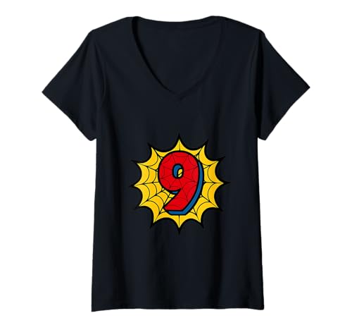 Damen Kinder 9. Geburtstag Spinne Mottoparty 9 Jahre alte Jungen Jugend T-Shirt mit V-Ausschnitt von Matching Family Birthday Spider Web Party Gifts