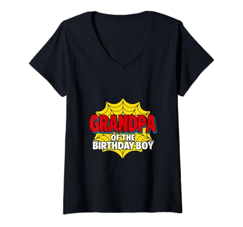 Damen Kinder Grandpa of The Birthday Boy Spider Theme Party Matching T-Shirt mit V-Ausschnitt von Matching Family Birthday Spider Web Party Gifts