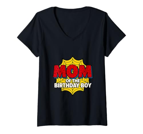 Damen Kinder Mutter des Geburtstags Junge Spinne Mottoparty Matching T-Shirt mit V-Ausschnitt von Matching Family Birthday Spider Web Party Gifts