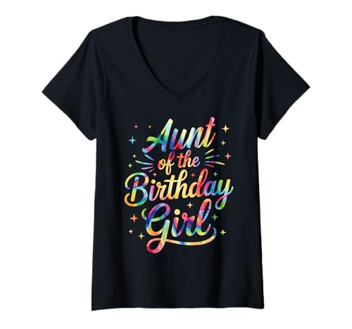 Damen Tante des Geburtstags Batikfärbung, bunt, passende Familie T-Shirt mit V-Ausschnitt von Matching Family Outfit Squad Tie Dye Birthday Girl