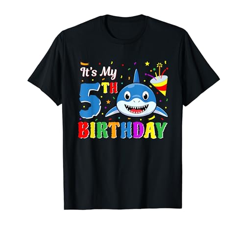 5th Birthday Boy Shark 5 Years Old 5th Birthday Shark Party T-Shirt von Matching Family Shark Birthday Party Tops 3