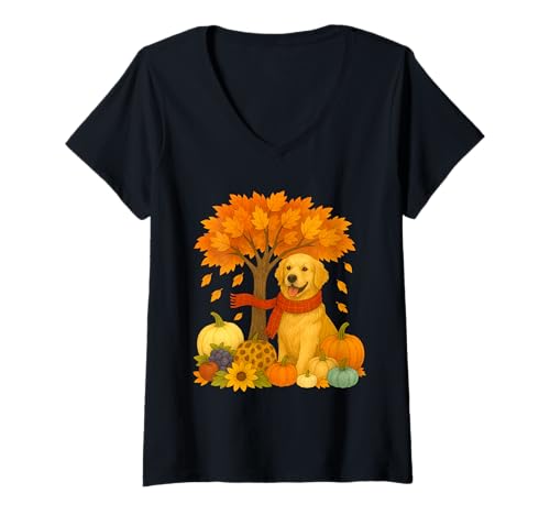 Damen Thanksgiving Herbst Golden Retriever Blatt Fall Baum T-Shirt mit V-Ausschnitt Damen Thanksgiving Herbst Golden Retriever Blatt Fall Baum T-Shirt mit V-Ausschnitt von Matching Family Thanksgiving Autumn Fall
