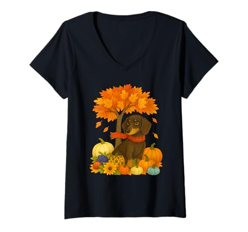 Damen Thanksgiving Herbst Herbst Dackel Blatt Fall Baum T-Shirt mit V-Ausschnitt Damen Thanksgiving Herbst Herbst Dackel Blatt Fall Baum T-Shirt mit V-Ausschnitt von Matching Family Thanksgiving Autumn Fall