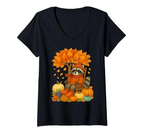 Damen Thanksgiving Herbst Waschbär Blatt Fall Baum It's Fall Y'all T-Shirt mit V-Ausschnitt Damen Thanksgiving Herbst Waschbär Blatt Fall Baum It's Fall Y'all T-Shirt mit V-Ausschnitt von Matching Family Thanksgiving Autumn Fall