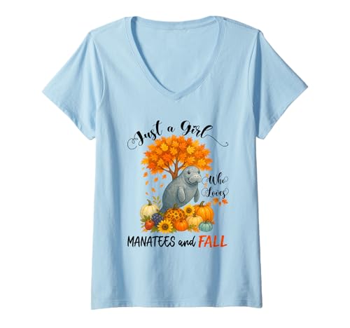 Damen Nur EIN Mädchen, das Seekühe liebt und lustiges Erntedankfest im Herbst T-Shirt mit V-Ausschnitt von Matching Family Thanksgiving Who Loves Manatees