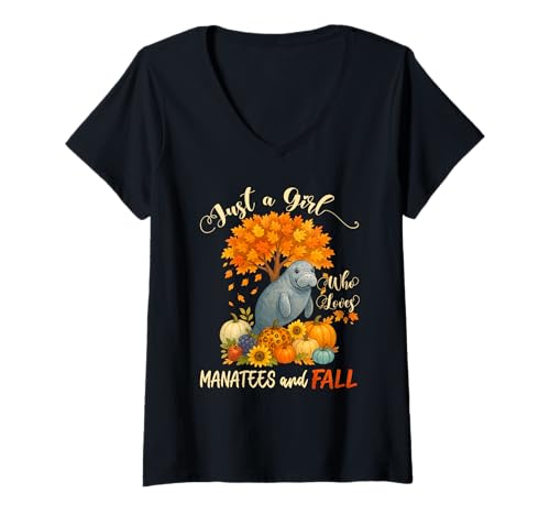 Damen Nur EIN Mädchen, das Seekühe liebt und lustiges Erntedankfest im Herbst T-Shirt mit V-Ausschnitt von Matching Family Thanksgiving Who Loves Manatees