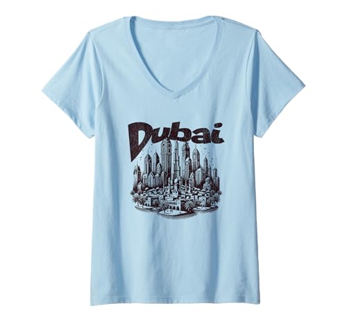 Damen Dubai City Urlaubs-Souvenir T-Shirt mit V-Ausschnitt von Matching Family Vacation Souvenir