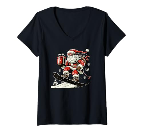 Damen Lustiges Weihnachtsfest Weihnachtsmann Snowboarden T-Shirt mit V-Ausschnitt Damen Lustiges Weihnachtsfest Weihnachtsmann Snowboarden T-Shirt mit V-Ausschnitt von Matching Family Winter Vacation