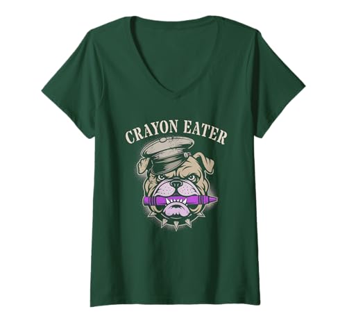 Damen Niedlicher Buntstiftfresser Bulldogge Streitkräfte mürrischer Alter Tierarzt Humor T-Shirt mit V-Ausschnitt Damen Niedlicher Buntstiftfresser Bulldogge Streitkräfte mürrischer Alter Tierarzt Humor T-Shirt mit V-Ausschnitt von Matching Father Son Flag Day Eater Grunt Veterans