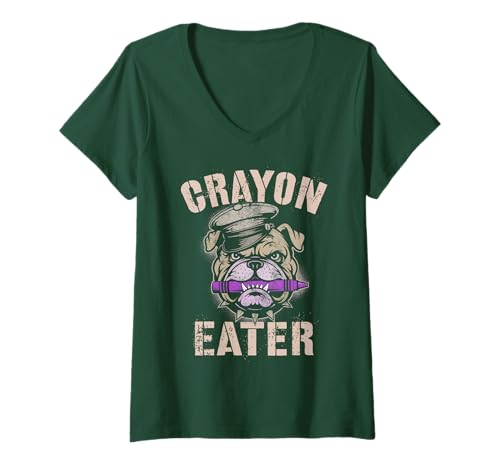 Damen Proud Crayon Eater Bulldog Soldat Dad Military Officer Gag T-Shirt mit V-Ausschnitt Damen Proud Crayon Eater Bulldog Soldat Dad Military Officer Gag T-Shirt mit V-Ausschnitt von Matching Father Son Veterans Day MRE Freedom Crew