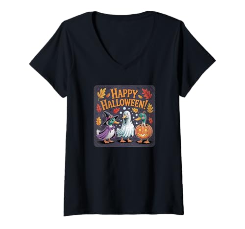 Damen Happy Halloween Enten Herbst Blätter T-Shirt mit V-Ausschnitt Damen Happy Halloween Enten Herbst Blätter T-Shirt mit V-Ausschnitt von Matching Spooky Halloween