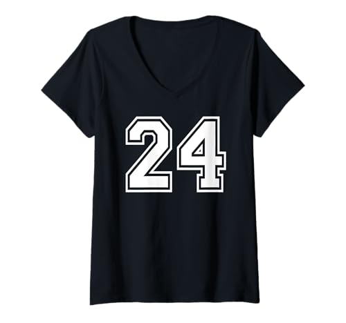 Damen 24 Mannschaftssportgrafiken mit der Nummer vierundzwanzig, passend zum Gymnastik-Design T-Shirt mit V-Ausschnitt von Matching Sports Numbers Birthday Gifts